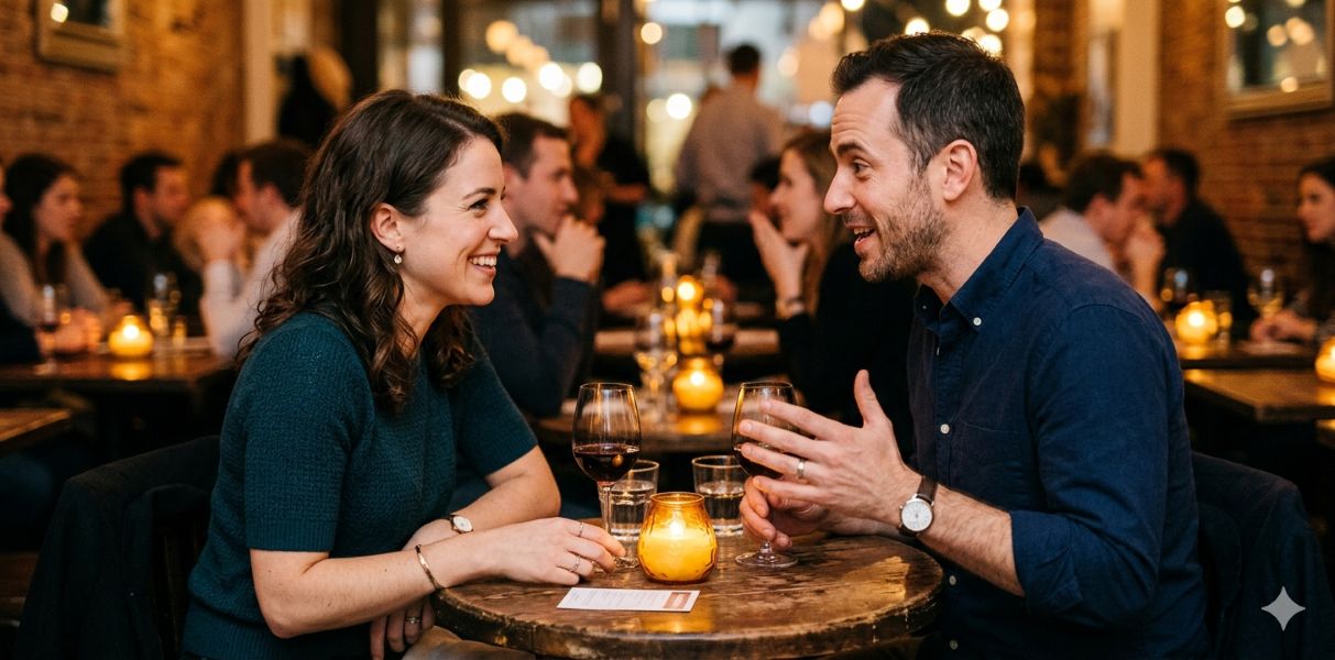 Two daters in conversation at a speed dating event