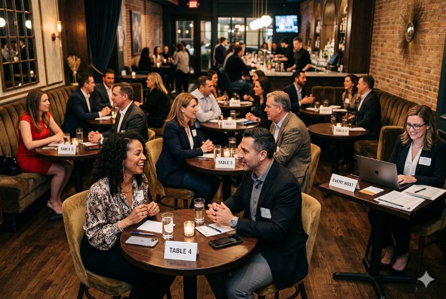 Speed dating event at an upscale bar with multiple pairs at small candlelit tables