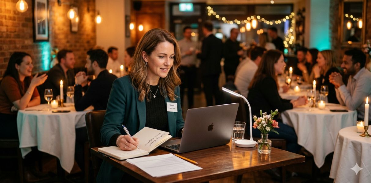 Event host managing a speed dating event from a laptop dashboard