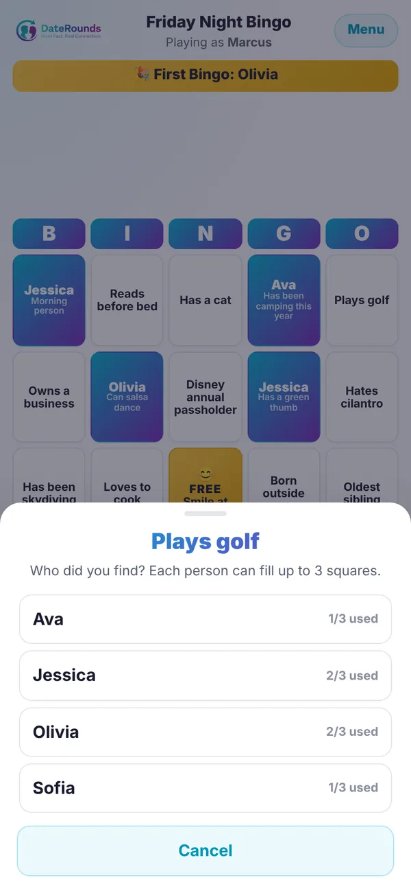 Picking the player who matches a Singles Bingo clue