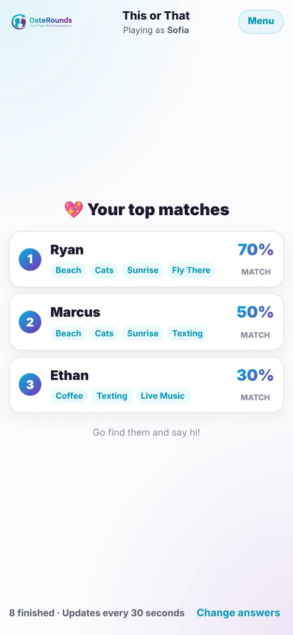 This or That top matches screen